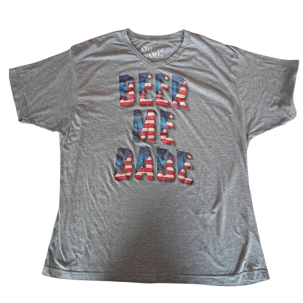Oliver & Otis Beer Me Babe Graphic T-Shirt Gray V-Neck USA Flag XXL Mens